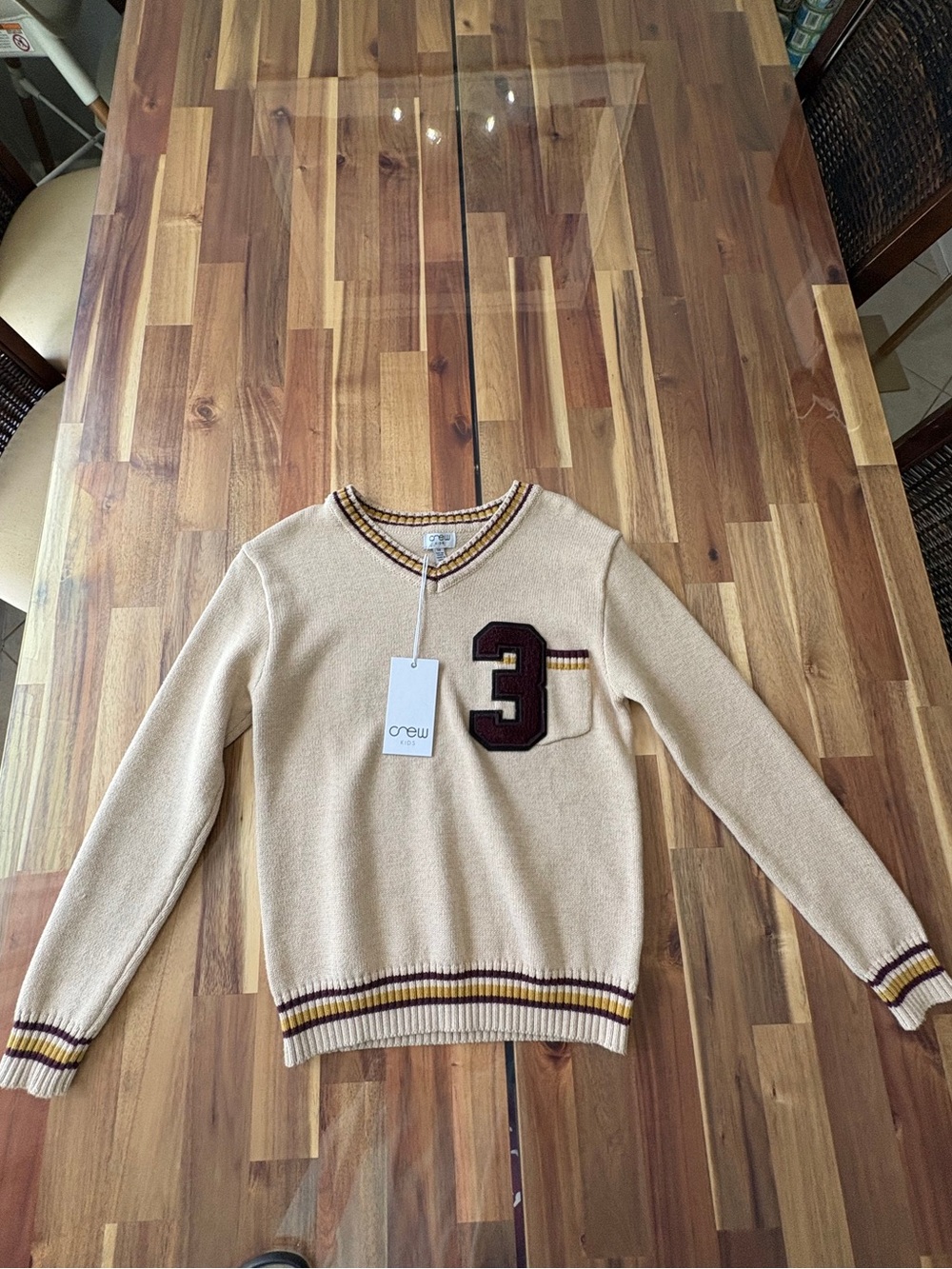 NWT Kids Sz 14 Beige Tan V Neck Varsity Knit Sweater Ribbed Cuffs, Yellow Maroon